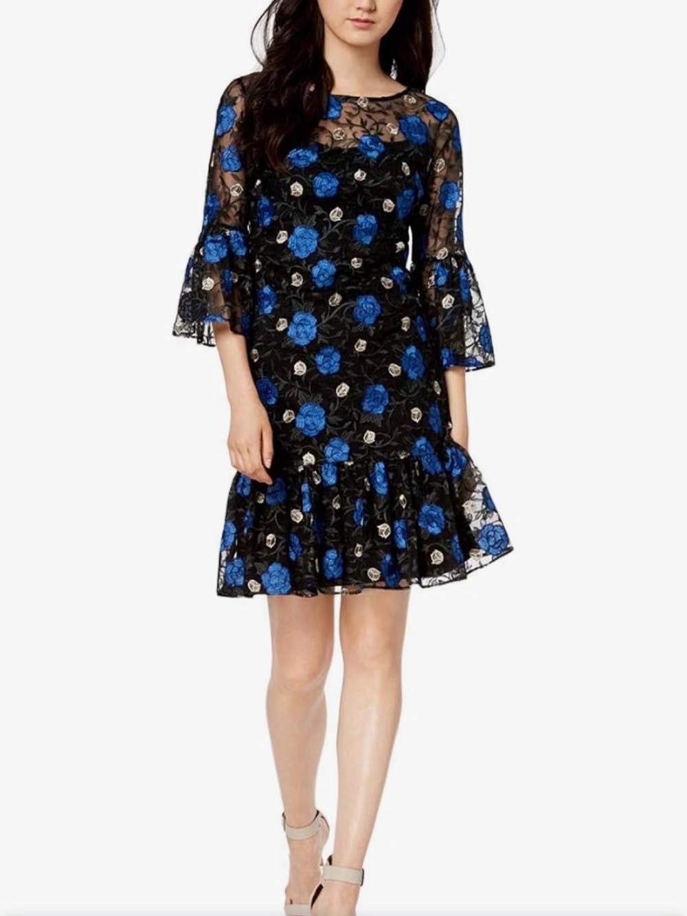 Calvin Klein Collection Black Lace Mini Dress with Blue Rose Embroidery